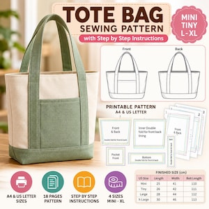 Pode incluir: Um molde de costura para bolsa tote com uma bolsa de lona creme e verde sálvia, desenhos técnicos da frente e das costas, peças de molde imprimíveis e uma tabela de tamanhos em centímetros para os tamanhos mini, tiny, large e extra-large.