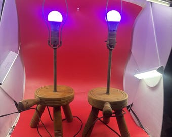 Lot of 2 Vintage 26” Lamps Wood Milking Stools Base Table Lamps
