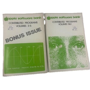 May include: Two white Apple Software Bank booklets. The left booklet is titled Contributed Programs Volumes 3-5 Bonus Issue and features a green sine wave graph. The right booklet is titled Contributed Programs Volumes 1&2 and features a green dotted face.