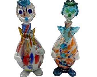Vintage Lot of 2 Murano Art Glass Hand Blown Clown Decanter Bottle - Italy 11”
