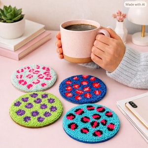 Conjunto de 4 porta-copos com estampa de leopardo Y2K em estilo pop art com bordado punch needle.