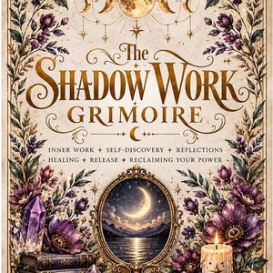 May include: A book cover titled The Shadow Work Grimoire with text reading Inner Work, Self-Discovery, Reflections, Healing, Release, Reclaiming Your Power. The design features a moon, purple flowers, crystals, a mirror, and a lit candle.