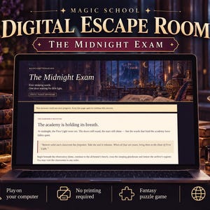 Op de afbeelding: Een laptopscherm met een digitaal escape room-spel genaamd Magic School: The Midnight Exam. De interface bevat tekst over een academie, een observatoriumkoepel en een alchemistenbank. Iconen tonen computergebruik en de Engelse taal.