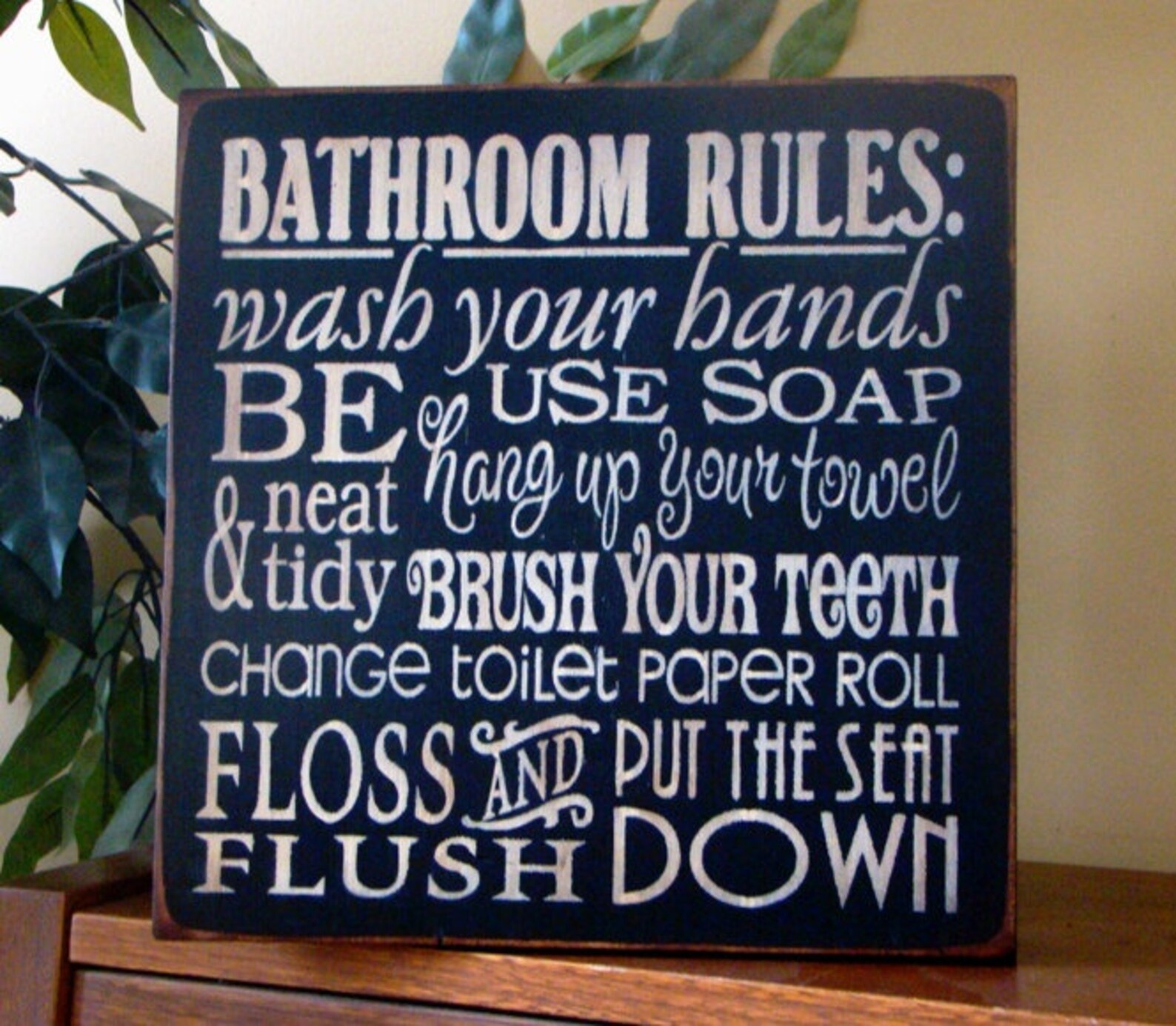 Bathroom Rules Typography Word Art Primitive Wooden Sign Etsy