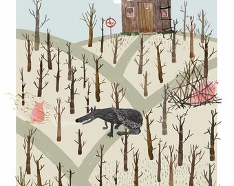 Drei kleine Schweinchen Poster, Märchen, Original Illustration, Wanddeko