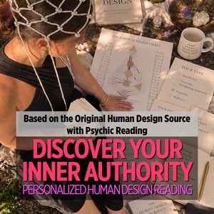 May include: A person wearing a silver beaded headpiece and a black top, sitting with a Human Design chart, a white mug with the text SAME ENERGY DIFFERENT EXPRESSION, and various printed documents including a page titled YOUR HUMAN DESIGN CHART.