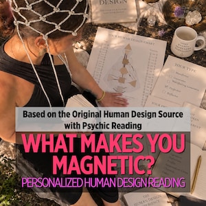 May include: A person wearing a silver beaded headpiece and a black top, sitting with a Human Design chart, a white mug with the text SAME ENERGY DIFFERENT EXPRESSION, and a notebook. The chart displays geometric shapes and text labels.