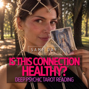 May include: A person wearing a beaded headpiece and gold earrings holds two tarot cards. The text on the image reads: SAME DAY IS THIS CONNECTION HEALTHY? DEEP PSYCHIC TAROT READING. The cards feature illustrations of a woman and celestial symbols.