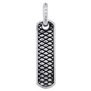 May include: A silver pendant with a textured, scaly design. The pendant is rectangular in shape and has a loop at the top for attaching to a chain.