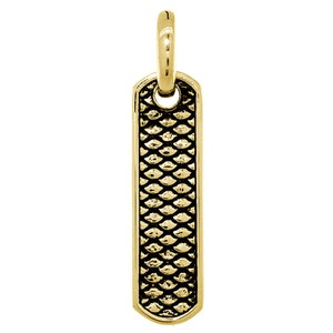 May include: Gold-toned pendant with a textured, rectangular design. The pendant has a loop at the top for attaching to a chain.