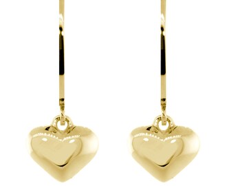 Dangling Puffed Heart Charm Earrings in 14K Yellow Gold