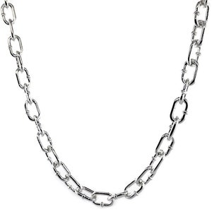 May include: A silver chain necklace with a simple, linked design. Each link is oval-shaped and has a textured surface.