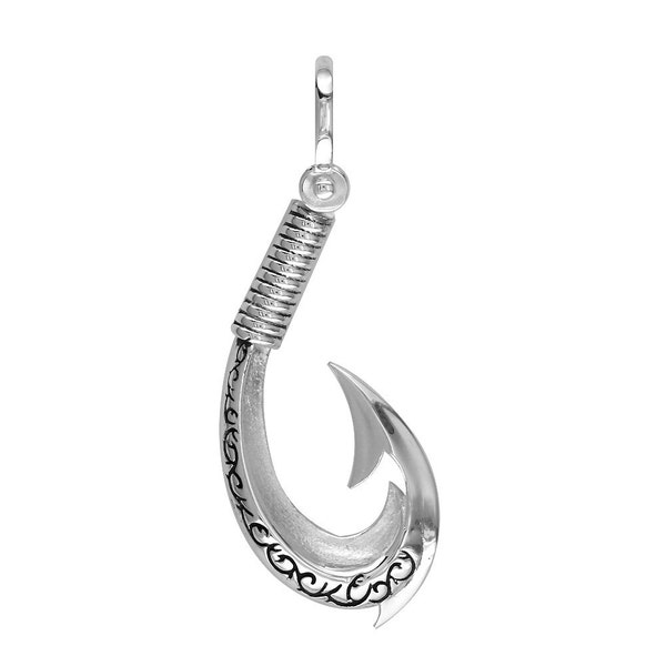 Large Hei Matau, Maori Tribal Fish Hook Charm with Black in Sterling Silver