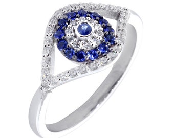 Diamond and Blue Sapphire Evil Eye Ring in 14k White Gold