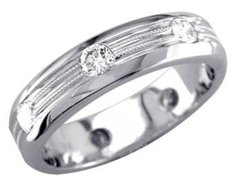 Mens Domed Diamond Wedding Band with 2 Rows of Millgrain, 1.00CT in 14k White Gold