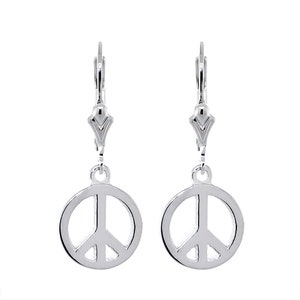 11mm Peace Sign Charm Lever Back Earrings in 14k White Gold