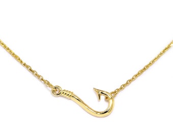 12mm Fishermans Barbed Hook and Knot Fishing Charm Necklace 17 Inches in 14k Yellow Gold