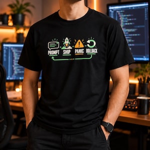 May include: A black short-sleeved t-shirt featuring a graphic print with four icons and the text PROMPT, SHIP, PANIC, and ROLLBACK. The design includes a speech bubble, a rocket, a warning triangle, and a circular arrow, all connected by a line.