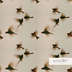 May include: A repeating pattern of small, dark birds in flight against a light cream background. Each bird is depicted with wings spread in motion. In the bottom right corner, a white rectangular label displays the text KOZART.