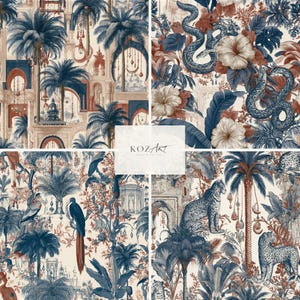 Puede incluir: Un patrón de papel tapiz con un collage de escenas tropicales y arquitectónicas en tonos azul marino, óxido y crema. El diseño incluye palmeras, serpientes, leopardos, aves exóticas, flores de hibisco y arcos ornamentados con el texto KOZART.