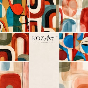 Peut inclure: Un collage de motifs de surface abstraits présentant des formes géométriques audacieuses, des lignes courbes et des coups de pinceau texturés dans des tons de rouge, bleu, sarcelle et beige. Le panneau central affiche le texte KOZ ART SURFACE PATTERN STUDIO.