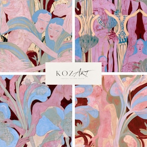 May include: A repeating surface pattern design featuring stylized figures with blue hair and pink skin tones intertwined with large blue floral elements against a deep burgundy background. The center displays the text KOZART SURFACE PATTERN STUDIO.