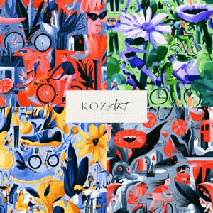 May include: A collage of four distinct surface pattern designs featuring vibrant illustrations of people cycling, large flowers, citrus fruits, and abstract shapes in bold color palettes. A white rectangular label in the center displays the text KOZART.