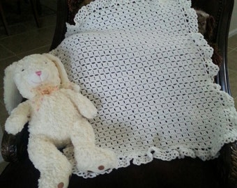 White vintage style crochet christening baptism baby blanket.