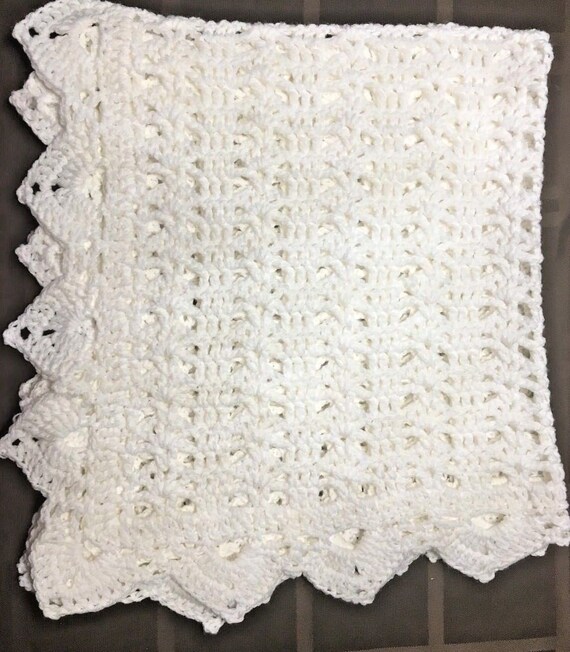 White Crochet Christening Baptism Baby Blanket 28x27 Etsy
