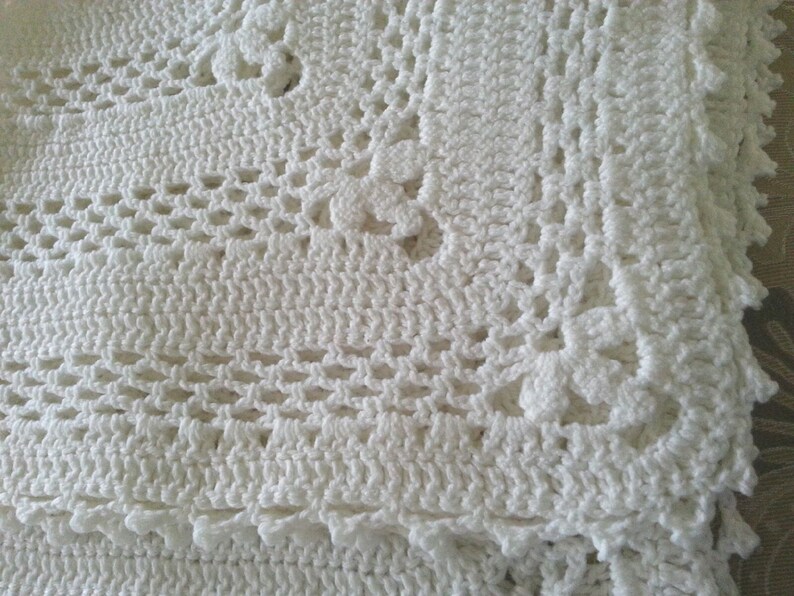 White vintage style crochet christening baptism baby blanket