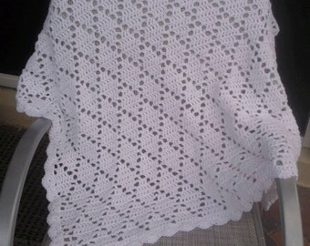 White crochet christening - baptism baby blanket - boy or girl - unisex