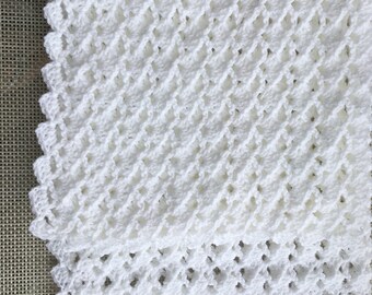 White crochet christening baptism baby blanket