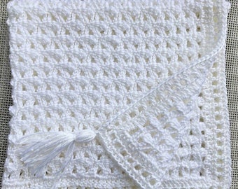 Unisex white crochet christening - baptism baby blanket w/tassels