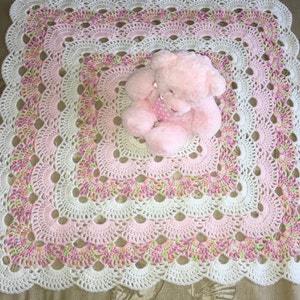 Crochet delicate pink and white baby girl blanket