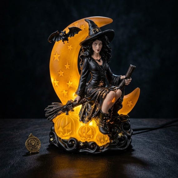 Witch Moon Resin Lamp, Bat Design, USB Powered Halloween Table Decor, Spooky Seasonal Ornament
