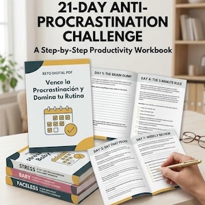 Puede incluir: Un libro de trabajo de productividad 21-Day Anti-Procrastination Challenge con portada blanca y un icono de calendario amarillo. El libro incluye páginas abiertas con texto titulado Day 1, Day 2, Day 4 y Day 7, junto a una pila de tres libros más.