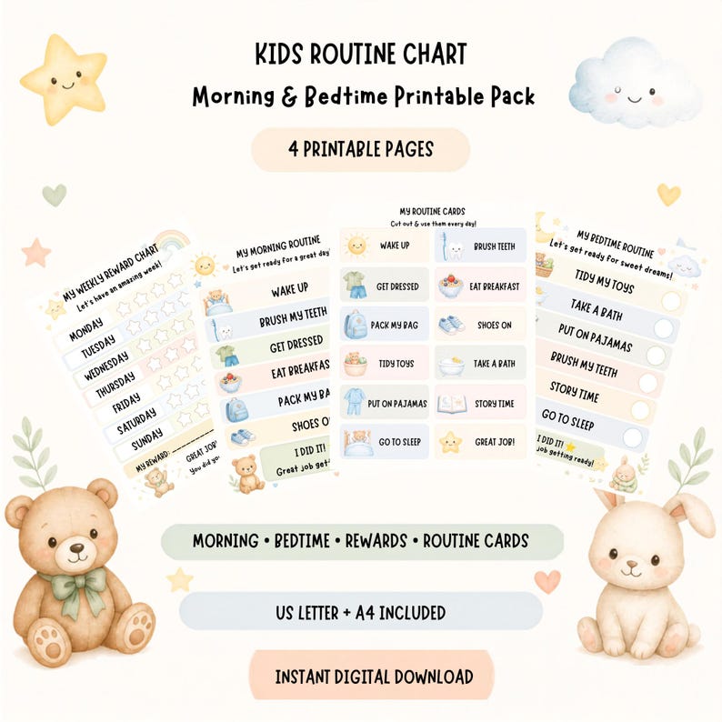 Tableau des routines du matin et du coucher pour enfants, style ...