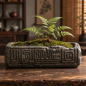 Vintage Rectangular Stone Planter, Rustic Textured Plant Pot for Moss Fern Bonsai, 20 Year Old Home Decor
