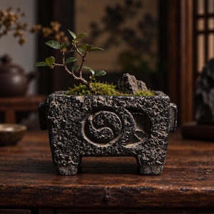May include: A rectangular, dark gray stone planter with a rough, textured surface and four short legs. The front features a carved circular swirl design. Inside, a small green bonsai tree grows from a bed of moss next to a gray rock.