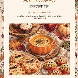 Könnte beinhalten: Ein digitales Rezeptbuch-Cover mit dem Titel HALLOWEEN REZEPTE und dem Text 30+ HALLOWEEN REZEPTE. Das Bild zeigt eine kürbisförmige Schale mit orangefarbener Suppe, Mini-Pizzen im Mumien-Design, Apfel-Monster-Snacks und Cupcakes auf einem Tisch.