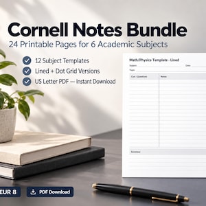 May include: A Cornell Notes Bundle featuring 24 printable pages for 6 academic subjects. The text reads Cornell Notes Bundle, 24 Printable Pages for 6 Academic Subjects, 12 Subject Templates, Lined + Dot Grid Versions, US Letter PDF — Instant Download.