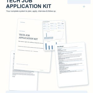 May include: A digital tech job application kit featuring a 24-page workbook, application tracker, ATS resume templates, and cover letter. The documents display text including Tech Job Application Kit, Alex Morgan, and various data charts.