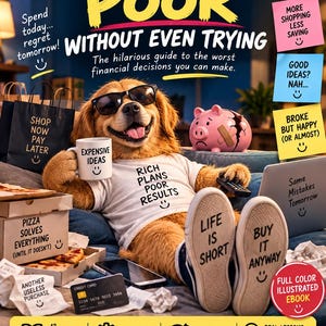 Può includere: Una copertina di libro intitolata How to Become Poor Without Even Trying che mostra un golden retriever con occhiali da sole e una maglietta bianca con il testo Rich Plans Poor Results. Il cane tiene in mano una tazza con la scritta Expensive Ideas.