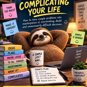 Può includere: Un libro intitolato The Practical Manual for Complicating Your Life con un bradipo, post-it con testo come Think Too Much, una pila di libri colorati, una tazza con A Simple Life? Nah, un portatile e un blocco note con Today's Plan.
