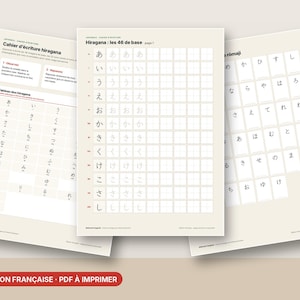 Op de afbeelding: Drie printbare vellen voor het leren van Japans schrift, met een Hiragana-oefenwerkboek met rasterlijnen, een Hiragana-karakterreferentietabel en een Romaji-conversietabel met zwarte tekst op een lichtbeige achtergrond.