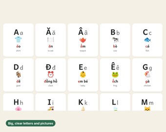 May include: An educational alphabet chart featuring white square cards with black uppercase and lowercase letters. Each card displays a colorful icon and a corresponding word in Vietnamese and English, such as shirt, cow, fish, goat, and clock.