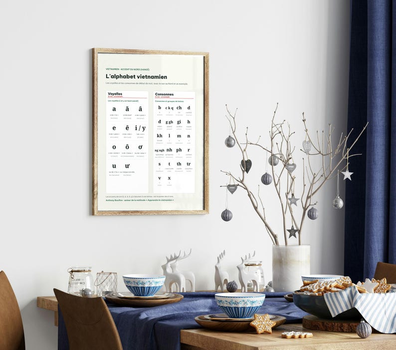 May include: A framed educational poster titled L'alphabet vietnamien featuring a grid of Vietnamese vowels and consonants in black text on a white background, displayed on a wall above a wooden table set with bowls and holiday decor.