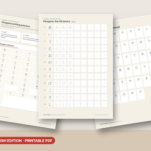 Op de afbeelding: Drie printbare pagina's voor het oefenen van het Japanse Hiragana-schrift. De vellen bevatten rasters voor het overtrekken van tekens, een Hiragana-referentietabel en een Romaji-gids. De tekst bevat 'Hiragana writing practice' en 'Hiragana: the 46 basics'.