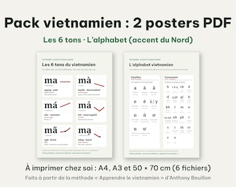 Pakket met 2 printbare Vietnamese posters, PDF A4 A3 50x70: de 6 tonen en het alfabet, Noord-Vietnamees accent, leer Vietnamees