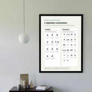 May include: A framed educational poster titled L'alphabet vietnamien, featuring a structured chart of Vietnamese vowels and consonants with phonetic examples. The print uses black text on a white background, displayed in a thin black frame.